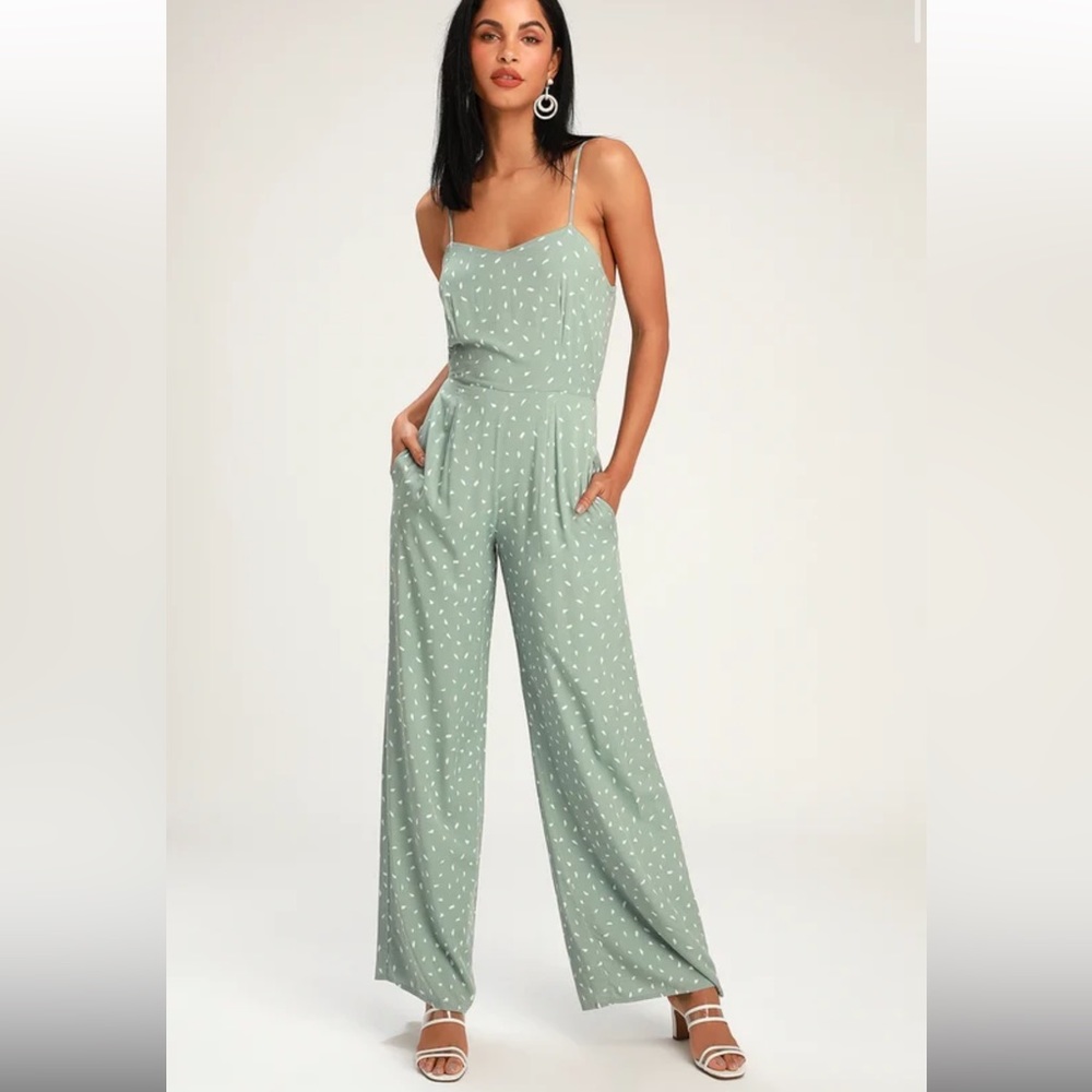 NWT Lulus In Demand Sage Green Print Sleeveless Wide-Leg Jumpsuit
